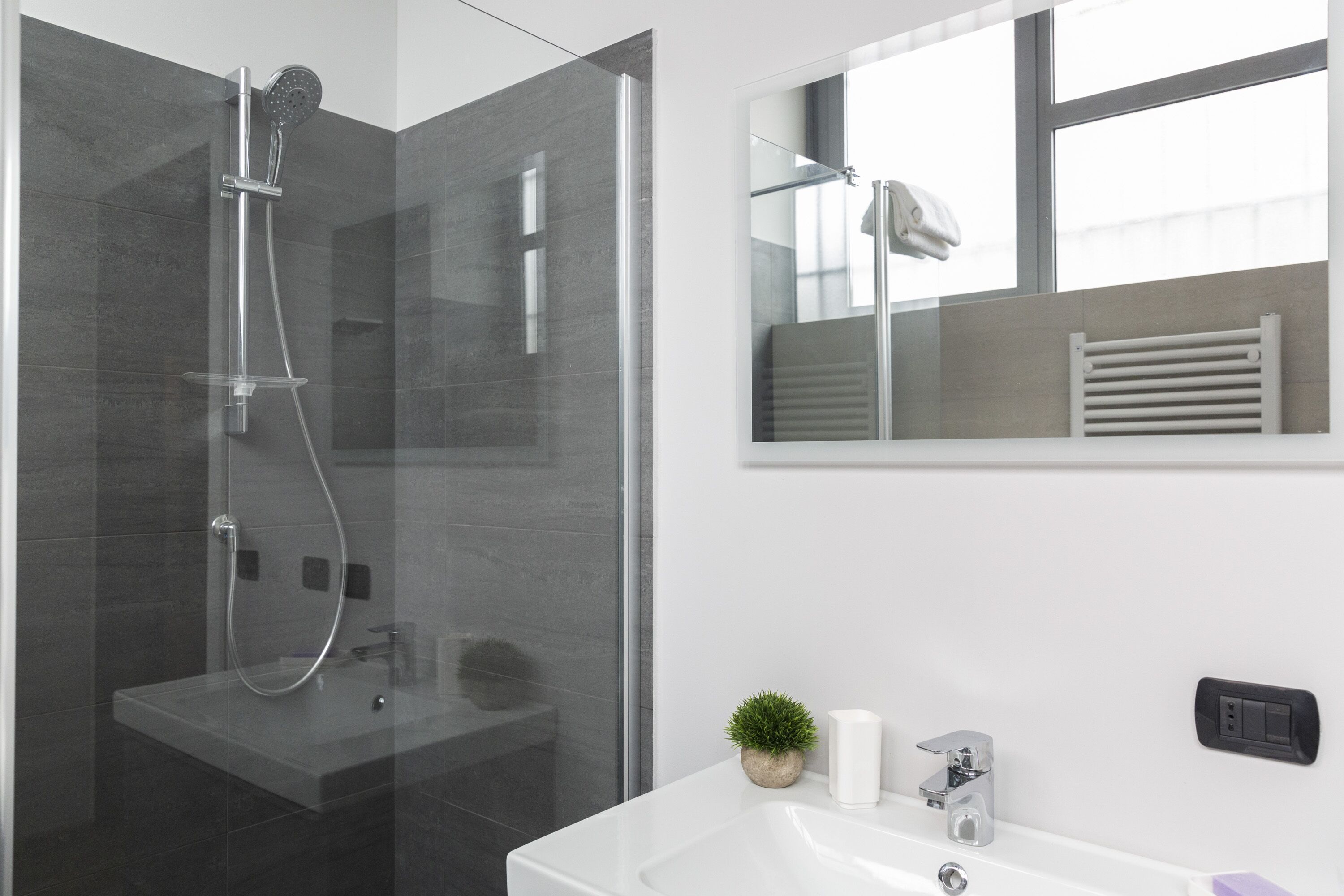 Une salle de bain moderne avec une douche à parois de verre, un lavabo blanc, une petite plante en pot et un porte-serviettes.