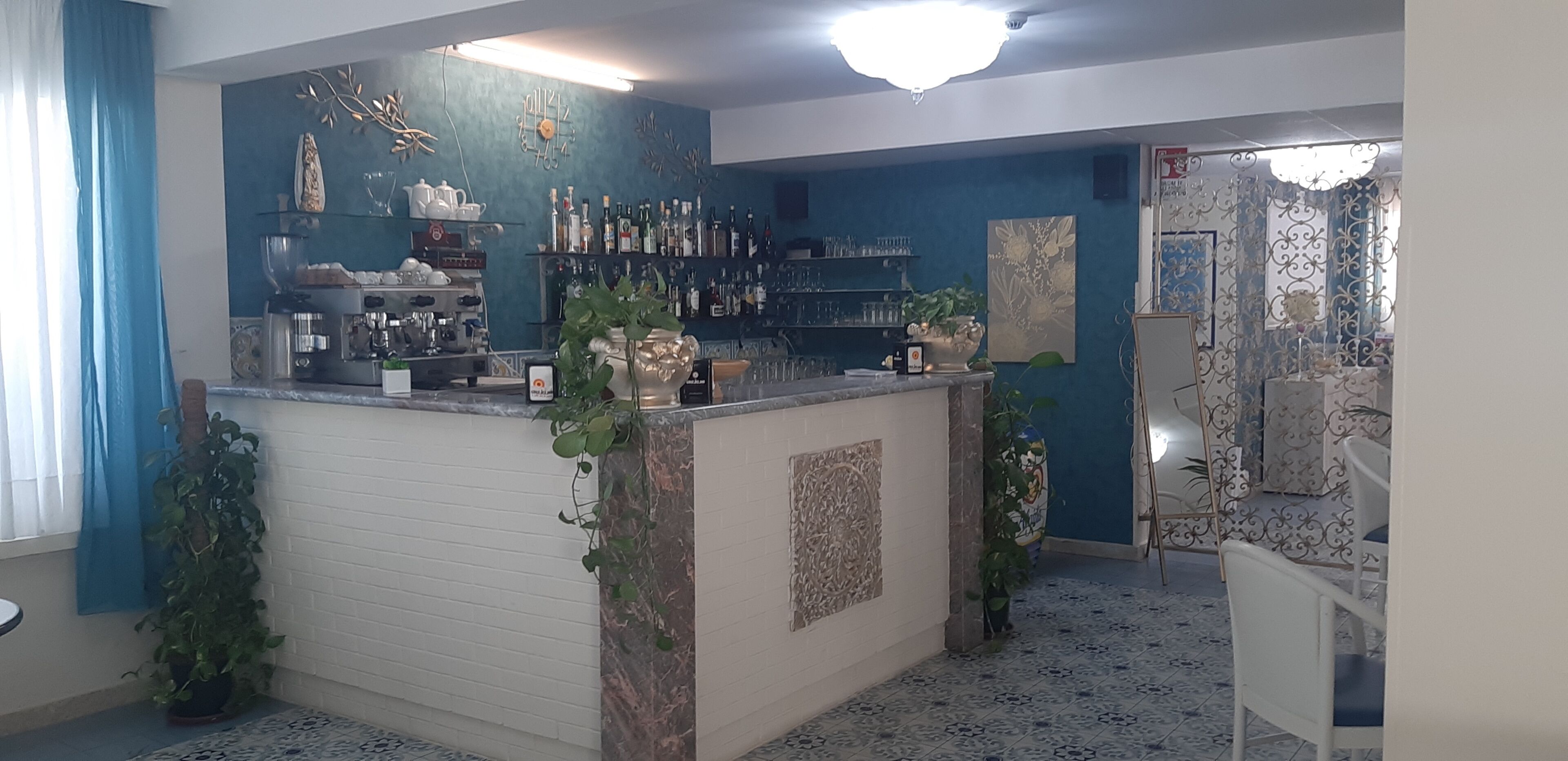 A bar area with shelves of bottles and glasses, a counter with a plant, and a decorative wall.