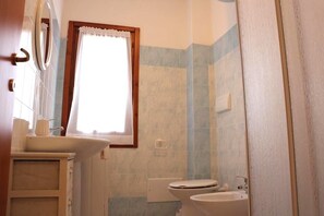 Shower, rainfall showerhead, bidet, towels