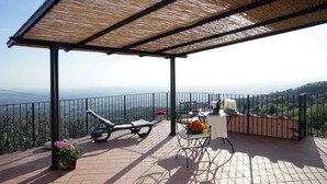Une terrasse couverte avec vue sur le paysage, une table avec des chaises et une plante en pot.