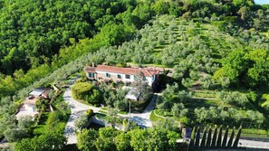 A stone house with a red-tiled roof surrounded by lush greenery and a vineyard. - Borgo La Casetta (Lamporecchio)