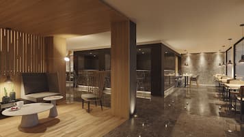Un interior moderno con paneles de madera, una zona de bar y diferentes disposiciones de asientos.