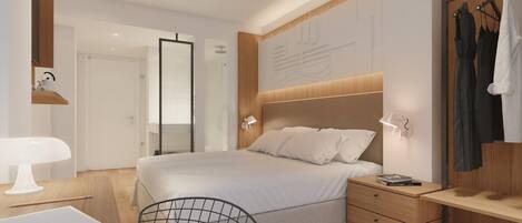 Un dormitorio moderno con una cama grande, mesitas de noche, un escritorio y un armario.