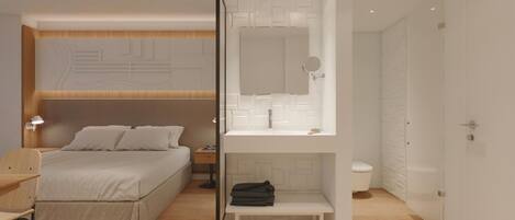 A modern bedroom with a bed, bedside table, lamp, and a built-in wardrobe with a mirror.