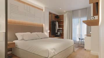 Un dormitorio moderno con una cama grande, un armario, una silla y un escritorio.
