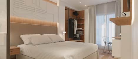 Un dormitorio moderno con una cama grande, un armario, una silla y un escritorio.
