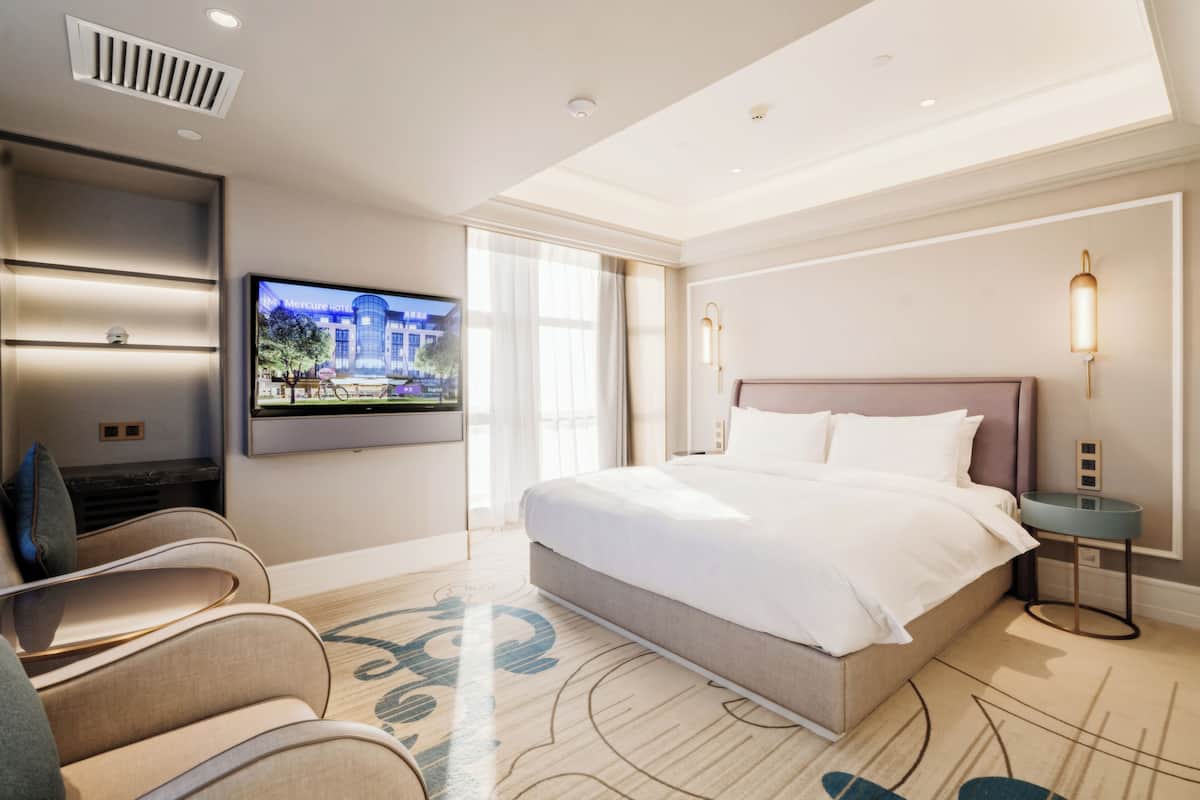 Una habitación de hotel moderna con una cama grande, un televisor de pantalla plana en la pared, un área de descanso con sillones y una alfombra estampada.