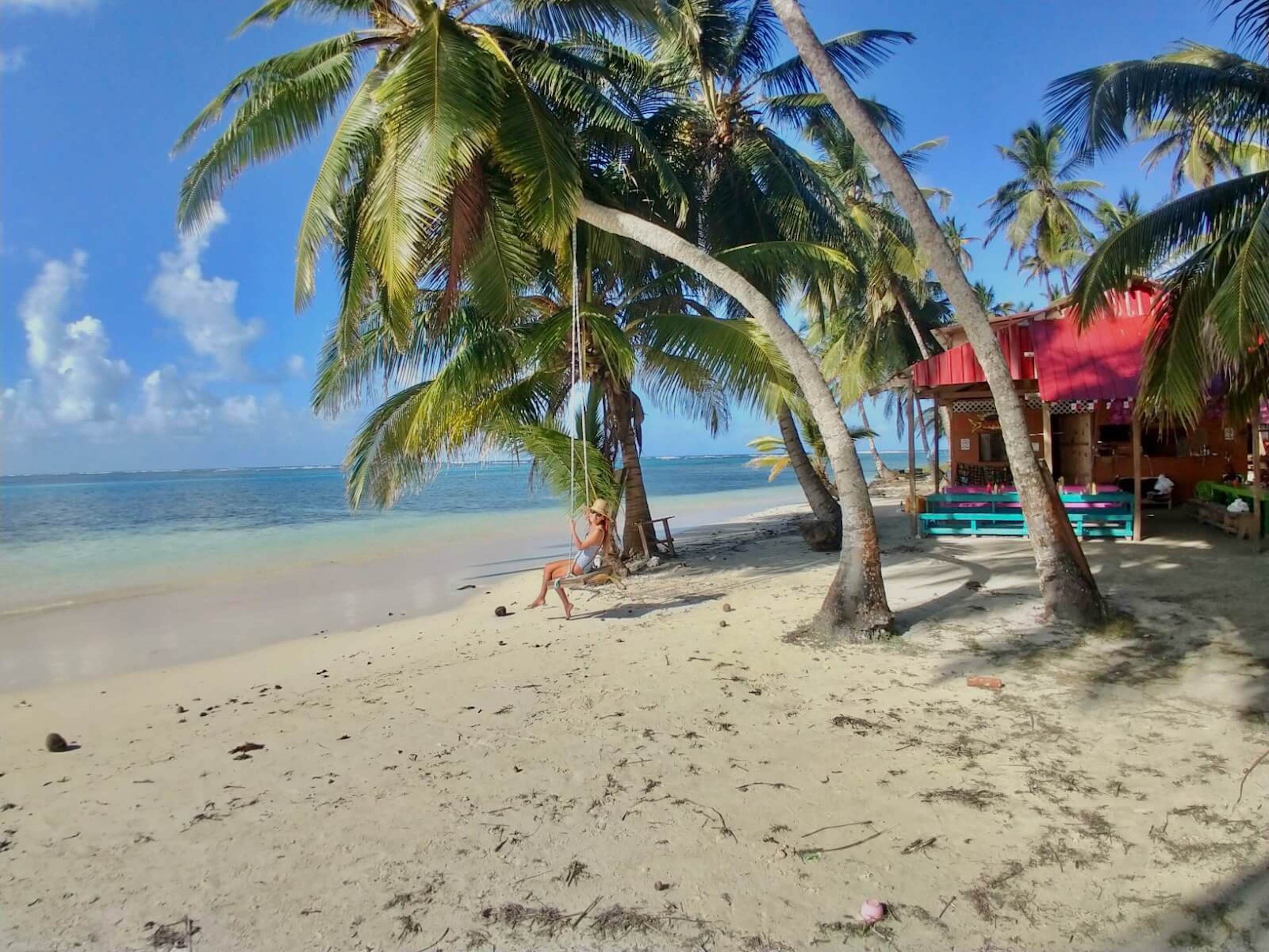 A beach with palm trees, a swing, and a building with a red roof.