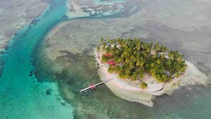Vista aérea de una pequeña isla con densas palmeras, aguas turquesas cristalinas y un muelle.