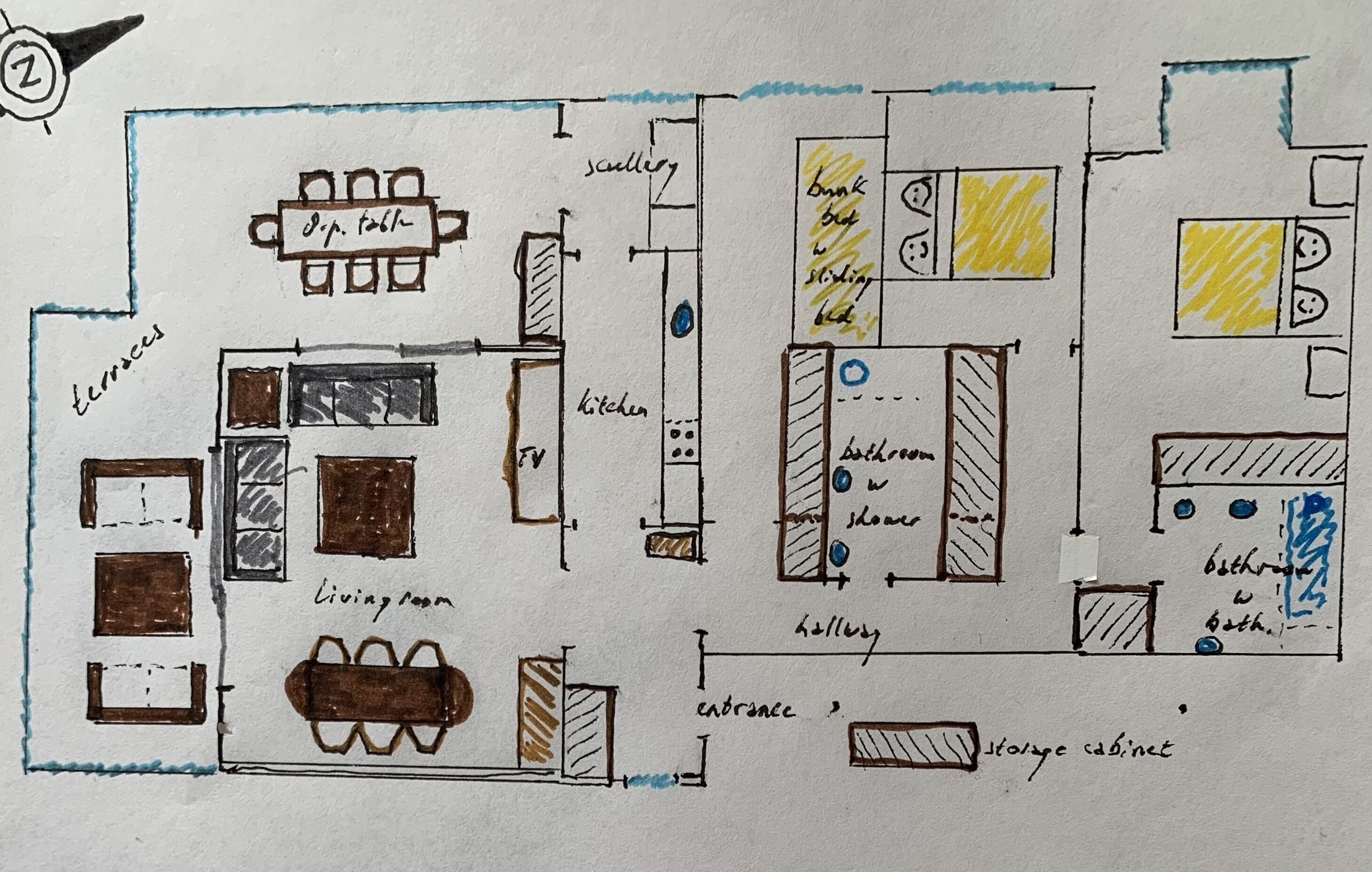 Un plan d’étage dessiné à la main d’une maison, avec les différentes pièces étiquetées, notamment la cuisine, le salon, la salle de bain et un placard de rangement.