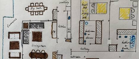 Un plan d’étage dessiné à la main d’une maison, avec les différentes pièces étiquetées, notamment la cuisine, le salon, la salle de bain et un placard de rangement.