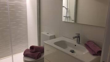 Shower, hair dryer, towels, toilet paper