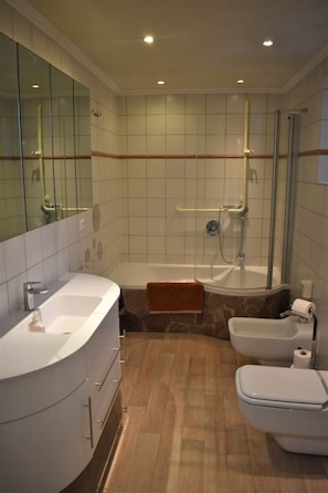 Combinació de dutxa i banyera, assecador de cabells, bidet i tovalloles 