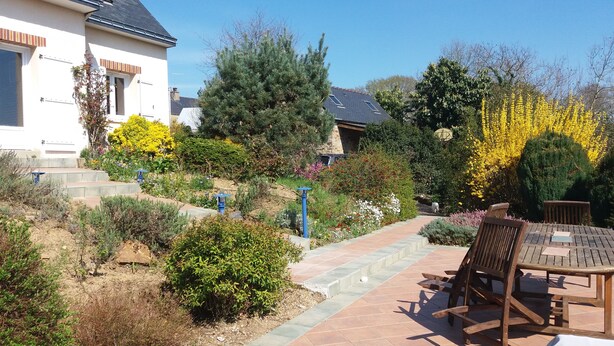 A garden with a patio table and chairs, surrounded by various plants and trees.