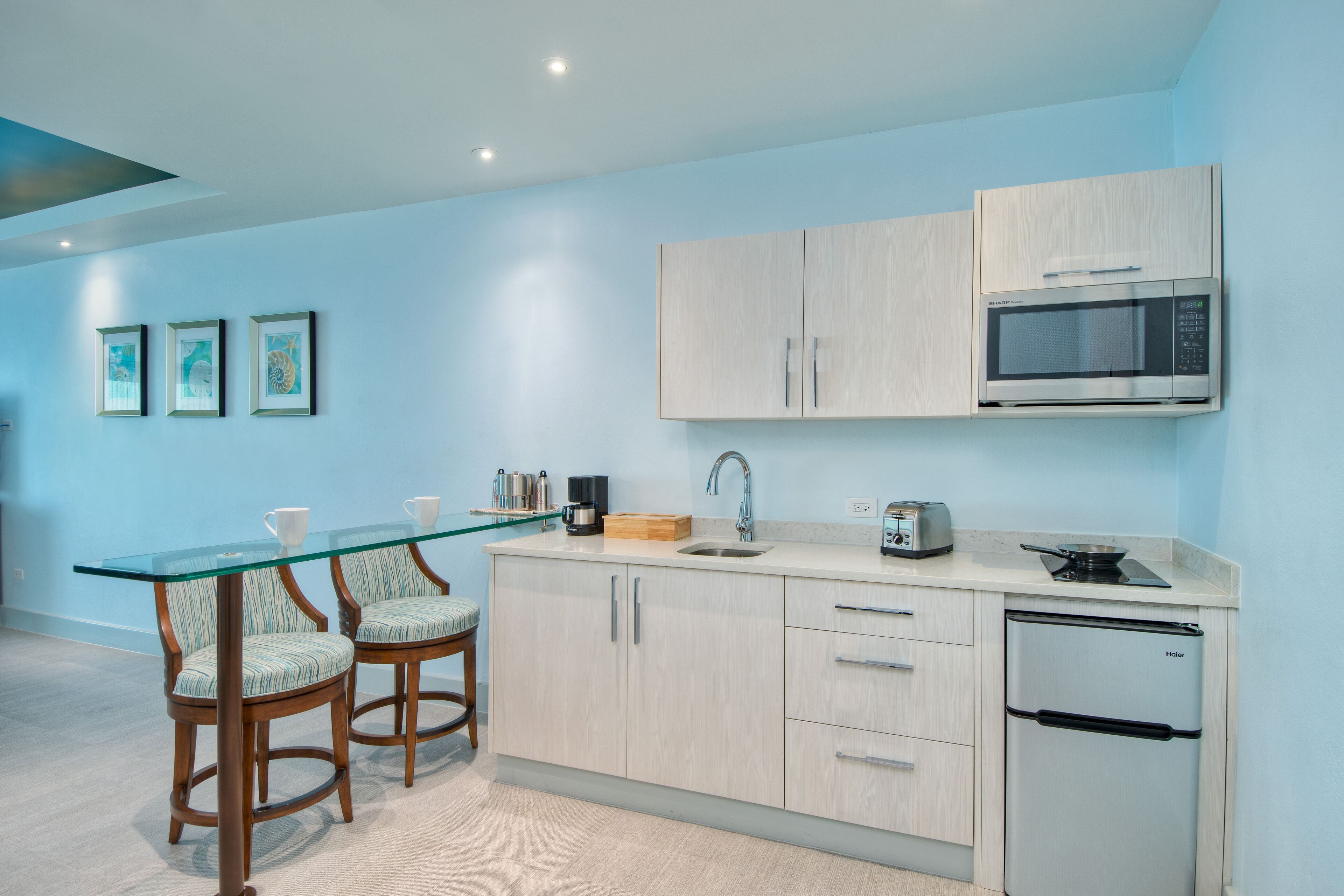 mini-fridge, microwave, stovetop, coffee/tea maker