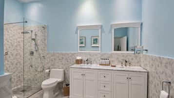 A bathroom with a shower, toilet, vanity, and two mirrors.