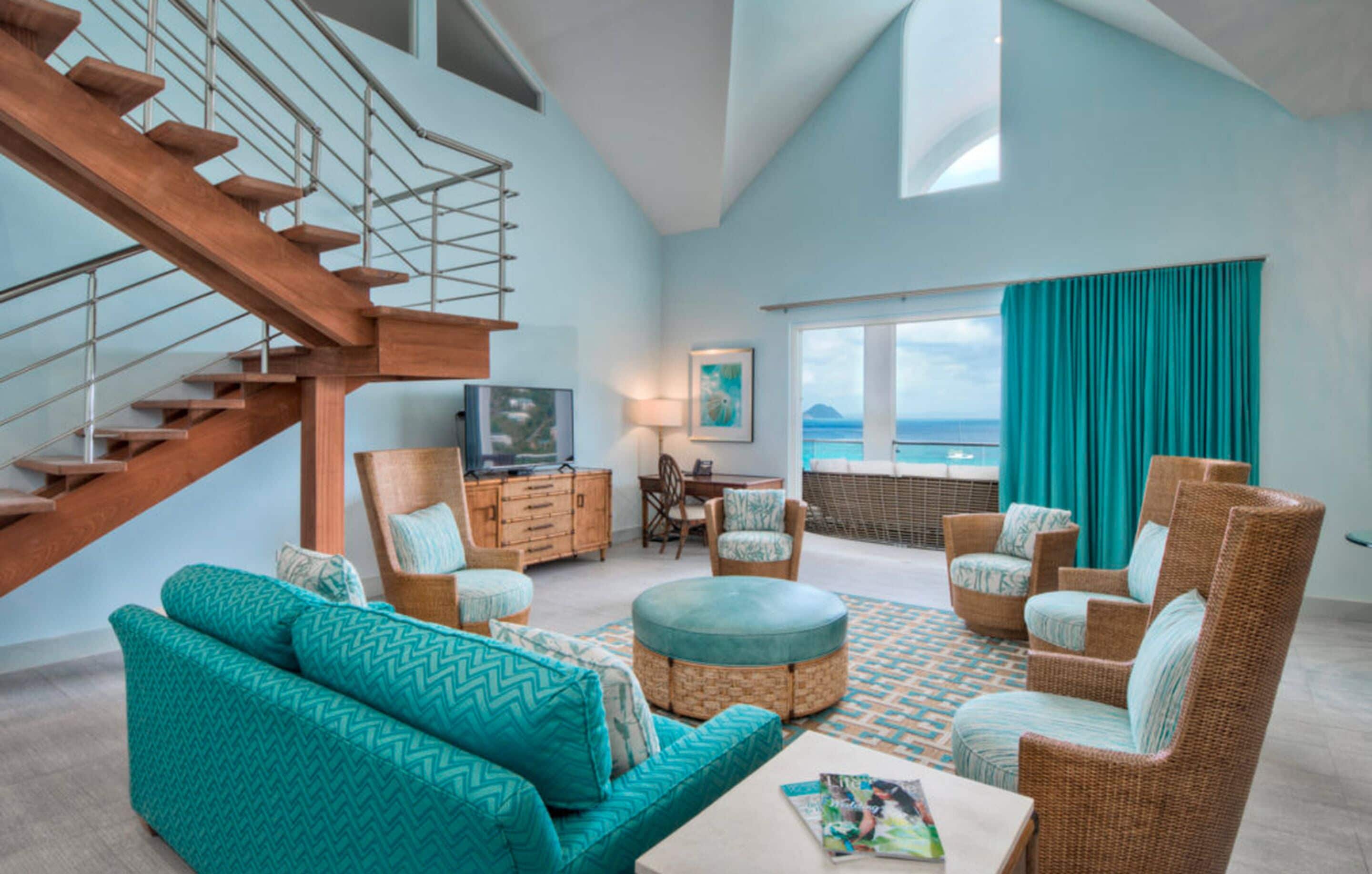 Deluxe Penthouse, Balcony, Ocean View (Cool Water 1) | Living area | 55-inch Smart TV with satellite channels, TV, iPod dock