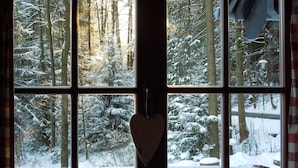 A window with a view of a snowy forest. - Blockhaus Bodefall (Braunlage)