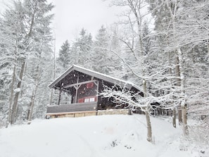 Una cabaña de madera con un porche, rodeada de árboles cubiertos de nieve.