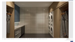 Un lavadero con lavadora y secadora, un lavabo y estantes con ropa doblada.