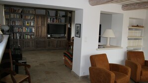 Una sala de estar con televisor, estanterías y chimenea.