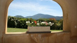 Una ventana con vista a un jardín y montañas.