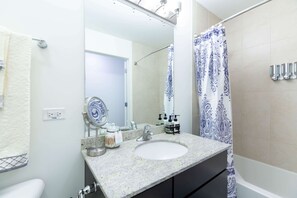 Combined shower/bathtub, hair dryer, towels, soap - Chicago's Hidden Treasure, "EVANSTON, IL" (Evanston)