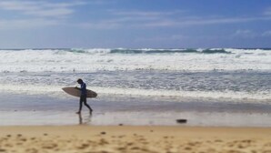 Escena de playa con olas y una persona llevando una tabla de surf.