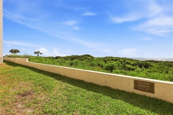 A paved pathway leading to a grassy area with a sign indicating a protected area.