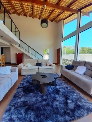 Televisión, chimenea, estéreo