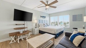 Una camera da letto con un letto, una scrivania, una sedia, un divano, una ventola a soffitto, una TV e una finestra con vista.