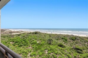 A beach view from a balcony with a clear sky, sandy beach, and green vegetation.