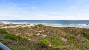 Een strand met duinen en schaarse begroeiing.