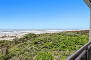 Vista de una playa con una zona verde y cielo despejado.