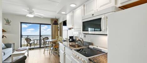 Fridge, microwave, oven, coffee/tea maker