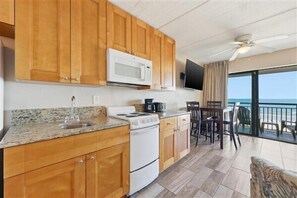 Fridge, microwave, oven, coffee/tea maker