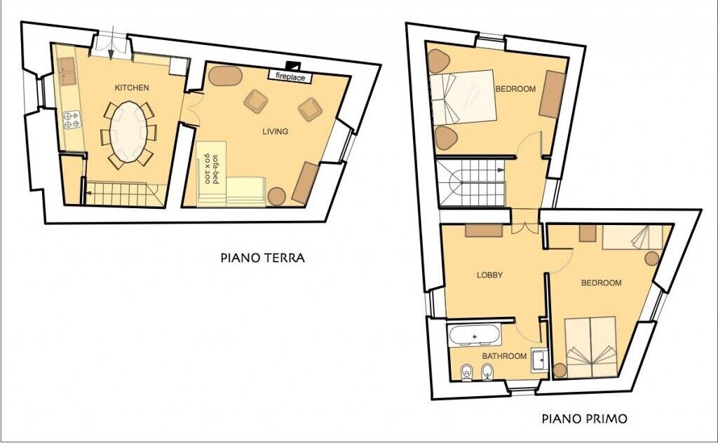 Two floor plans of a property with labeled rooms: Piano Terra and Piano Primo. Piano Terra includes a kitchen, living area, and a fireplace. Piano Primo features a lobby, bedroom, bathroom, and a piano.