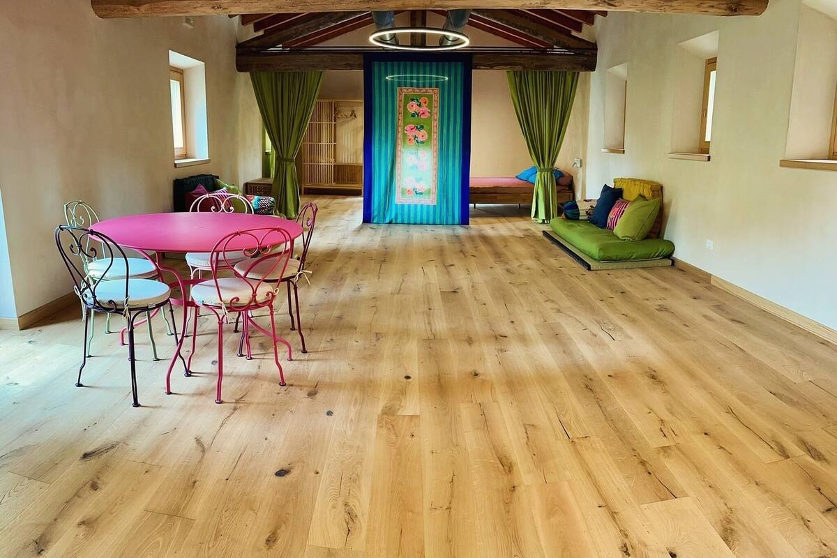 A spacious room with a wooden floor, a pink table with chairs, a green sofa, and a bed with a canopy.