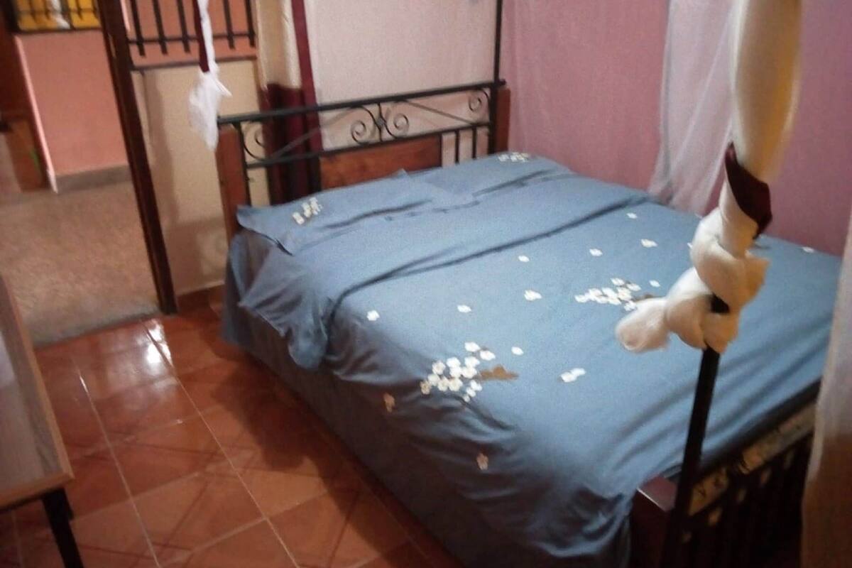 A small room with a bed, a chair, and a window with metal bars.
