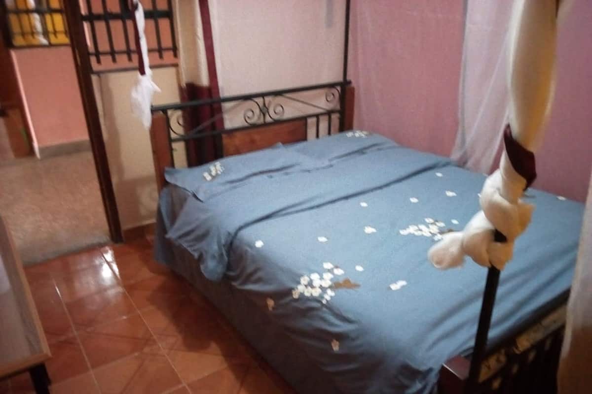A small, single-bed room with a blue bedspread and white floral patterns, a metal headboard, and a tiled floor.