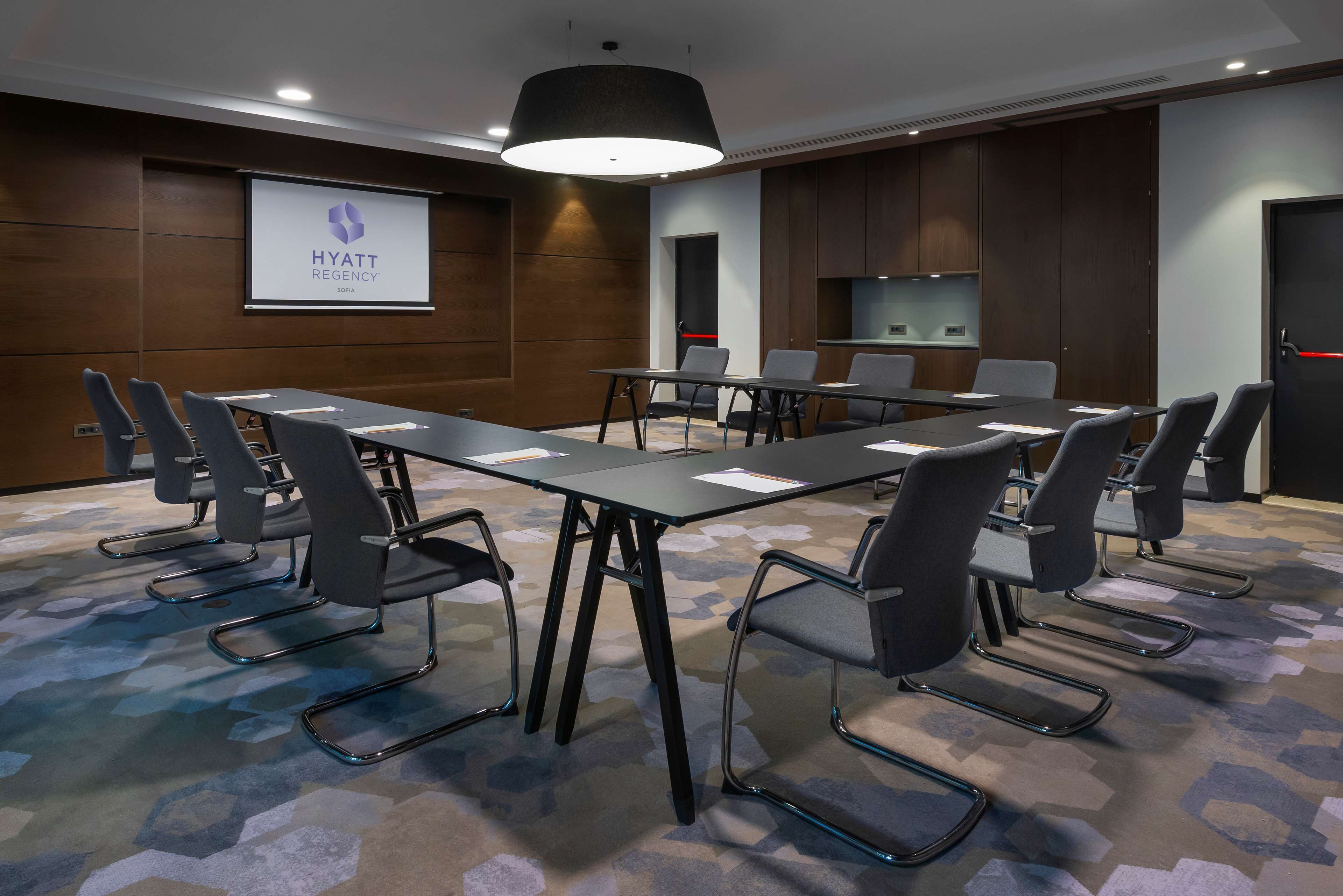 Une salle de conférence dotée d’une longue table, de nombreuses chaises, d’un écran de projection affichant le logo du Hyatt Regency, et d’un aménagement intérieur moderne.