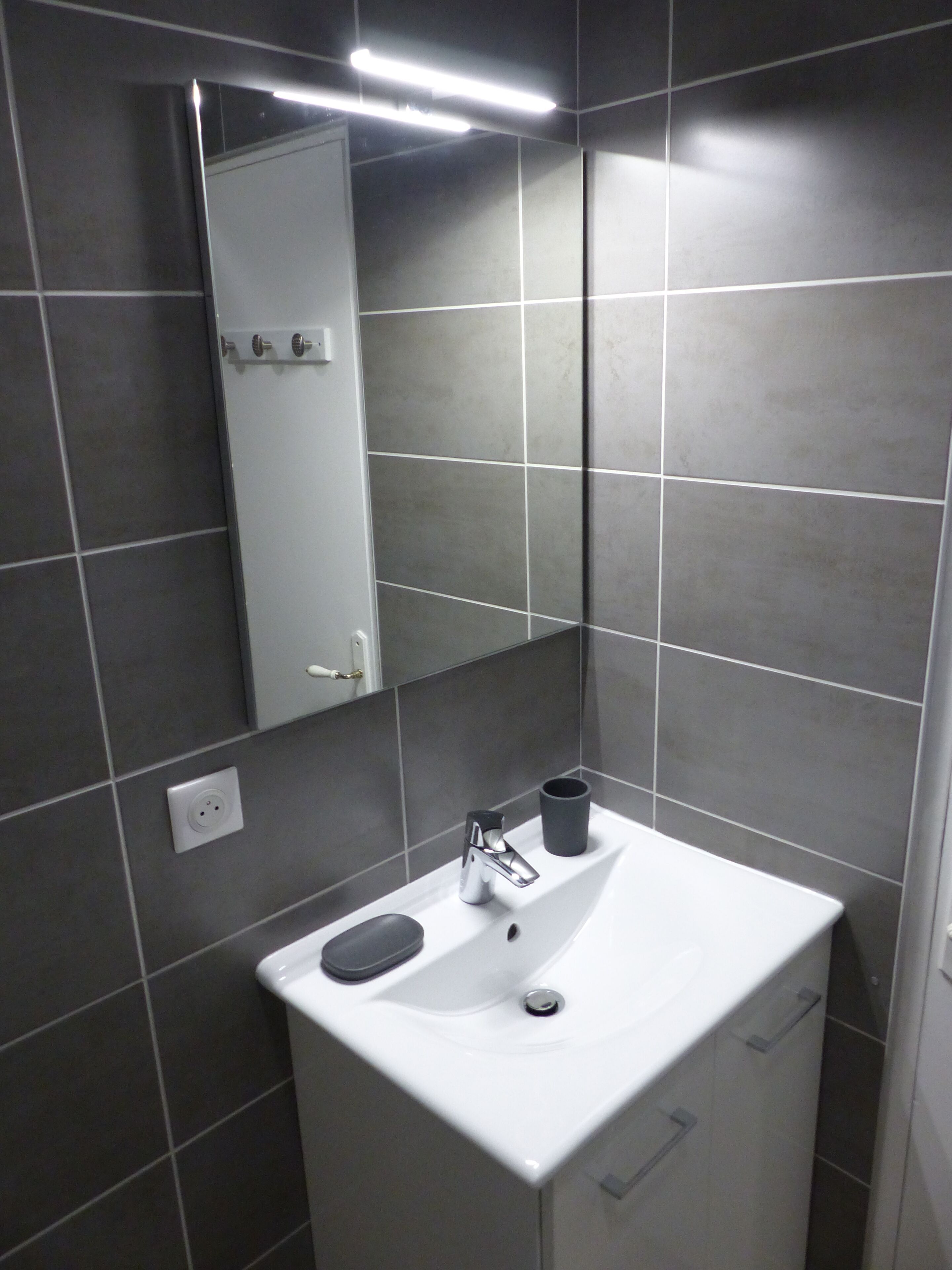 Une salle de bain avec un lavabo blanc, un miroir et une tasse noire posée sur le comptoir.