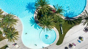 An aerial view of a pool surrounded by palm trees and lounge chairs.
