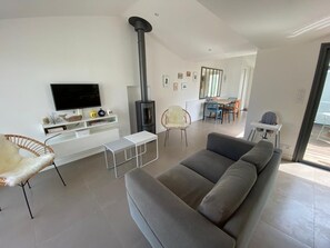 Télévision, cheminée, chaßne hi-fi