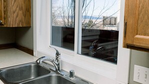 Uma cozinha com pia de aço inoxidável dupla, armários de madeira e janela com vista para uma casa e árvores.