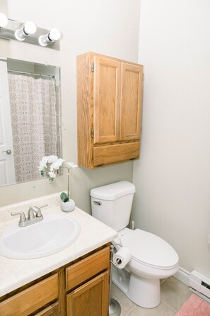 Combined shower/bathtub, hair dryer, towels, soap