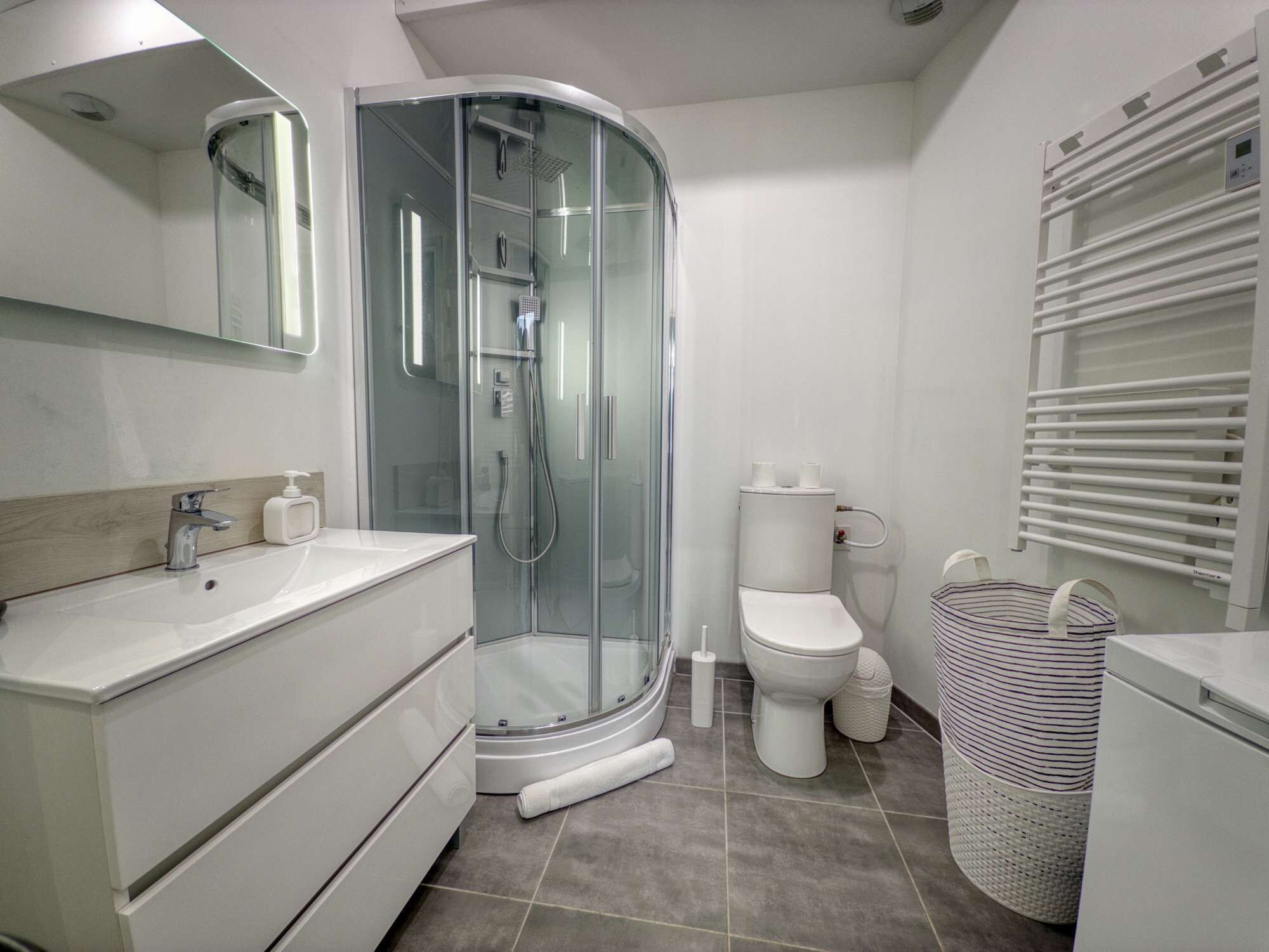 Shower, hair dryer, towels