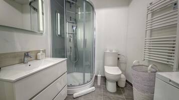 Shower, hair dryer, towels