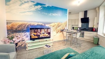 TV, music library, stereo
