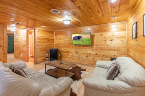 Smart TV, fireplace, foosball